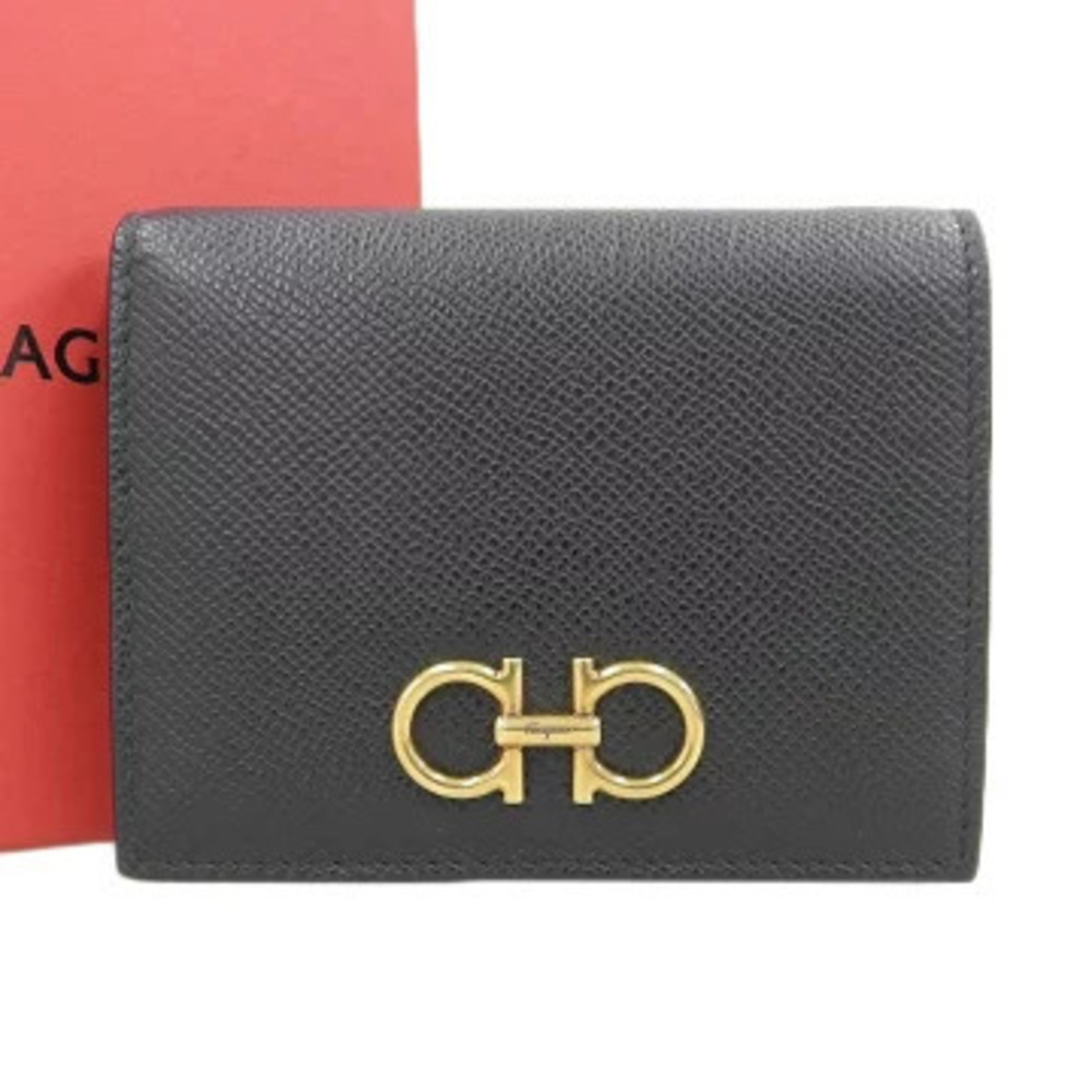 Salvatore Ferragamo Double Gancini Compact Wallet Folding Leather Black